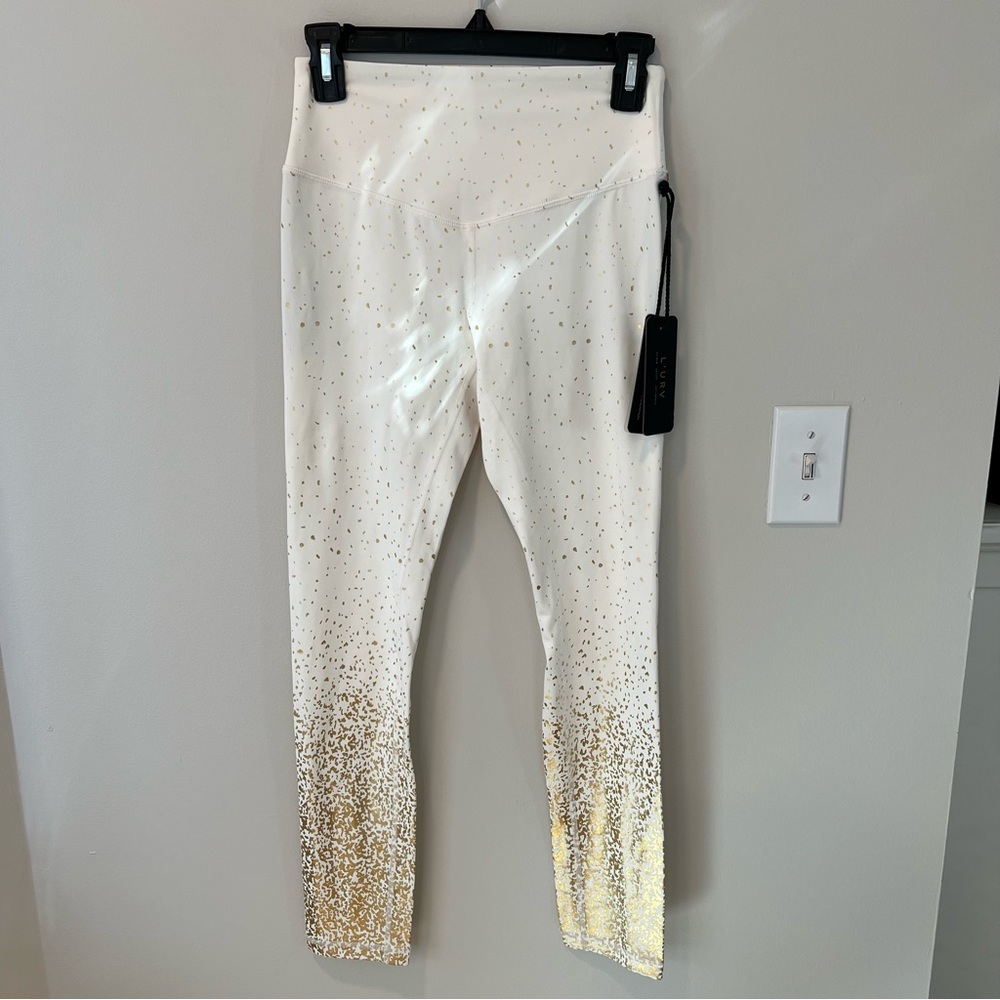 NWT L’urv Shimmering Sky Leggings, Pearl White with gold foil, size S